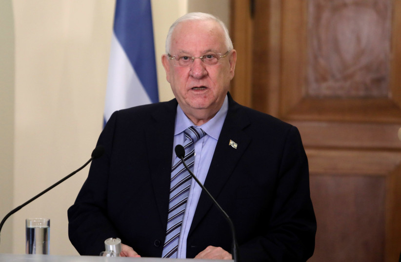 Israeli President Reuven Rivlin talks during a press conference at the Presidential Palace in Nicosia, Cyprus February 12, 2019. (photo credit: YIANNIS KOURTOGLOU/REUTERS)