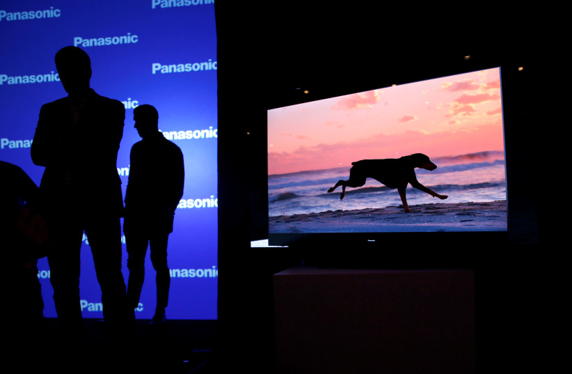 A video of a dog plays on a Panasonic HZ2000 4K OLED television at a Panasonic news conference during the 2020 CES in Las Vegas (photo credit: REUTERS)