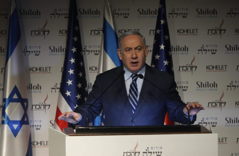 Prime Minister Benjamin Netanyahu speaks at the Kohelet Policy Forum, Jerusalem, January 8, 2020 (photo credit: MARC ISRAEL SELLEM/THE JERUSALEM POST)