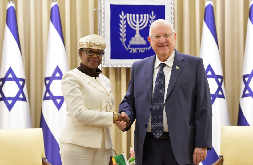 President Rivlin with the Ambassador of Benin, Evelyne Togbe-Olory, January 9, 2020.  (photo credit: KOBY GIDEON/GPO)