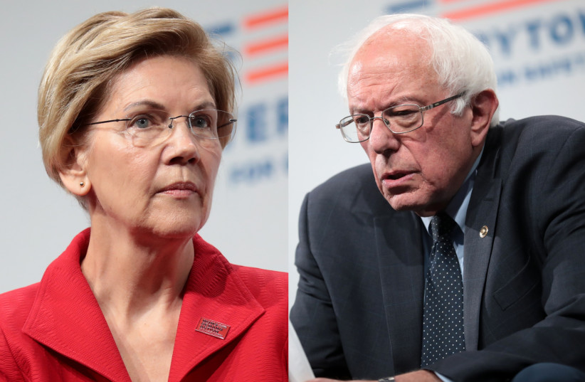 Progressive Democratic candidates US Senators Elizabeth Warren and Bernie Sanders (photo credit: Wikimedia Commons)