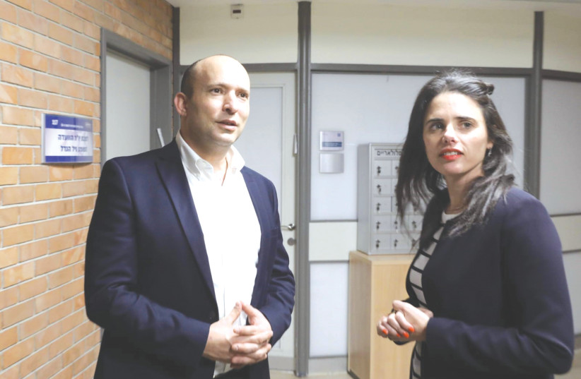 NAFTALI BENNETT with Ayelet Shaked Wednesday night in the Knesset – back in religious Zionism’s political ship of fools.  (photo credit: MARC ISRAEL SELLEM)