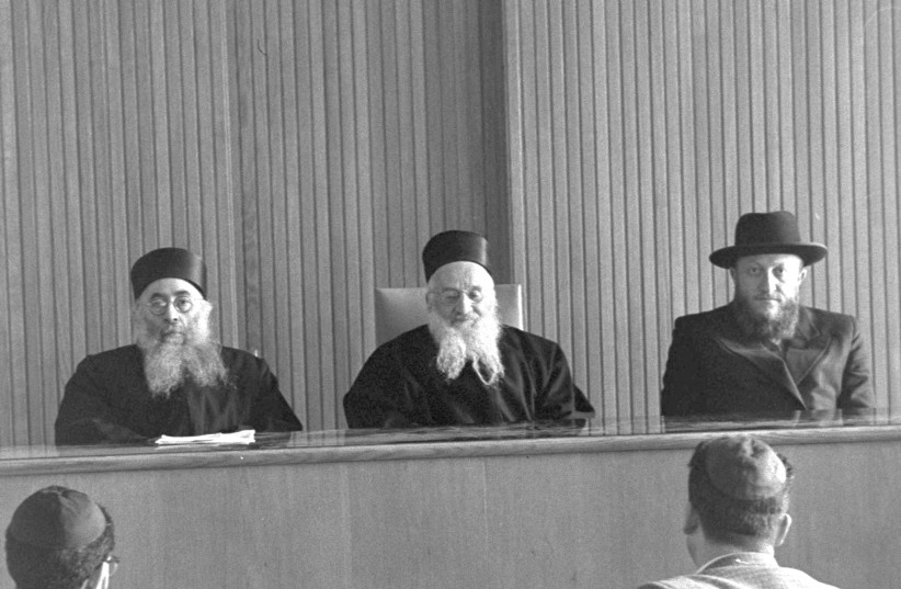 THE RABBINATE High Court of Appeals, Jerusalem, 1959. From left: Rabbi Yaakov Ades, Rabbi Ovadia Hedaya and Rabbi Betzalel Zolty.  (photo credit: Wikimedia Commons)