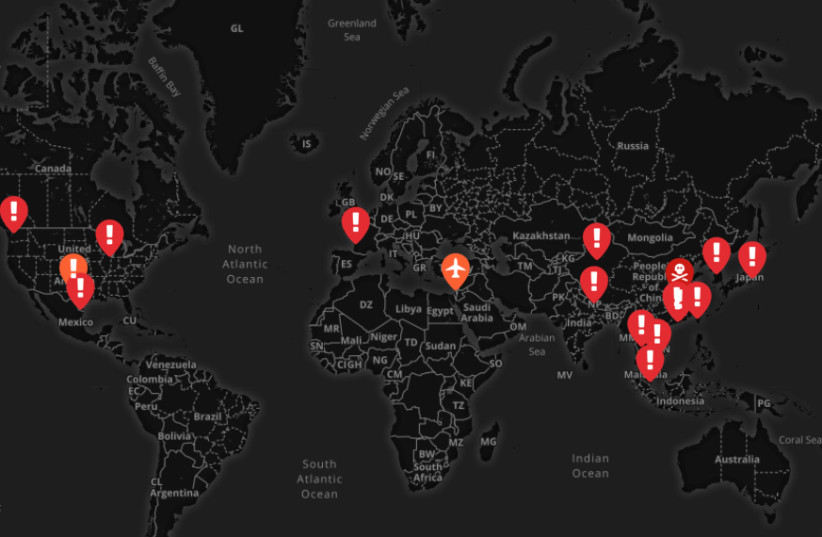 A map of the deadly Coronavirus outbreaks (photo credit: SCREENSHOT / MAPHUB)
