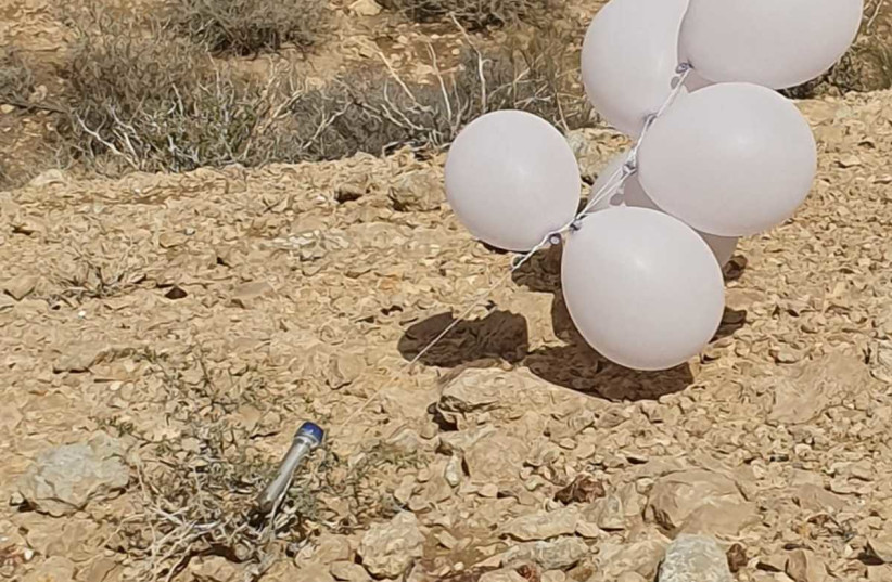 RPG attached to balloons found outside Sde Boker in southern Israel on January 25, 2020 (photo credit: RAMAT NEGEV REGIONAL COUNCIL SPOKESPERSON)