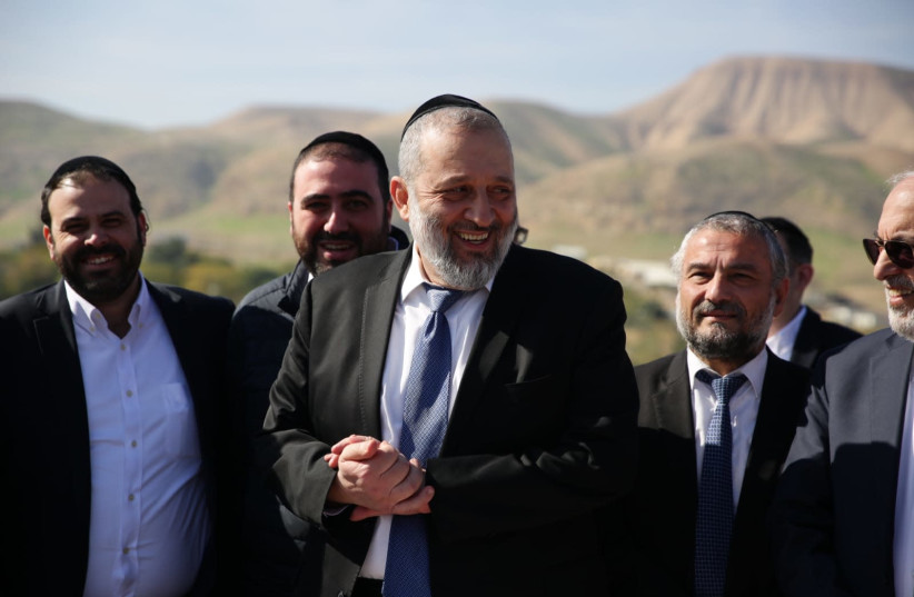 Interior Minister Aryeh Deri during a visit to the Jordan Valley, January 27, 2020 (photo credit: YONATAN VELTZER/TPS)