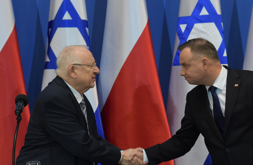 President Reuven Rivlin meets with Polish President Andrzej Duda on International Holocaust Remembrance Day, January 27, 2020 (photo credit: AMOS BEN GERSHOM, GPO)