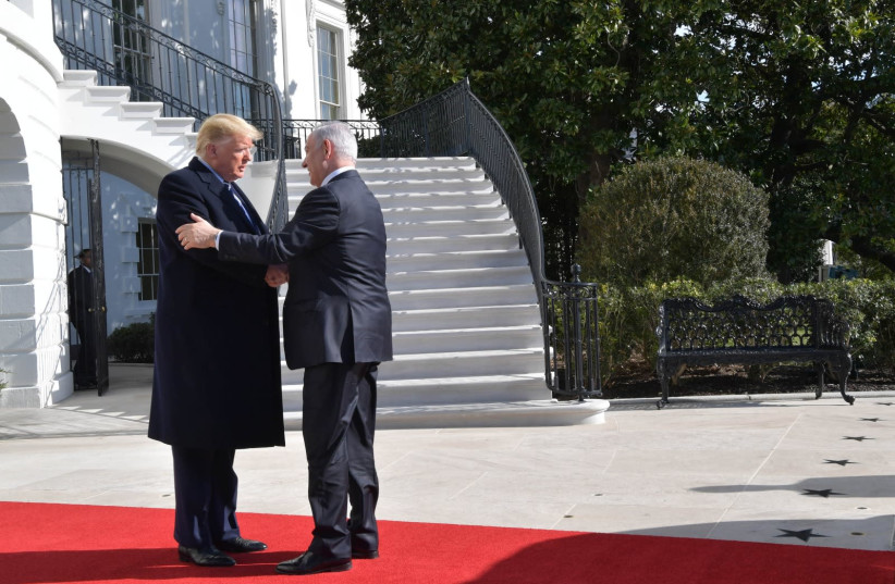 US President Donald Trump welcomes Prime Minister Benjamin Netanyahu at the White House (photo credit: KOBI GIDEON/GPO)