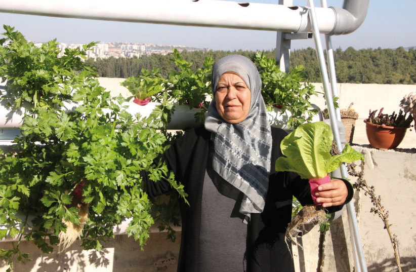 Nadaf, 65, (center) remembers the hard life her father had farming their land when she was a child and now grows crops through hydroponic gardening (photo credit: JUDITH SUDILOVSKY)