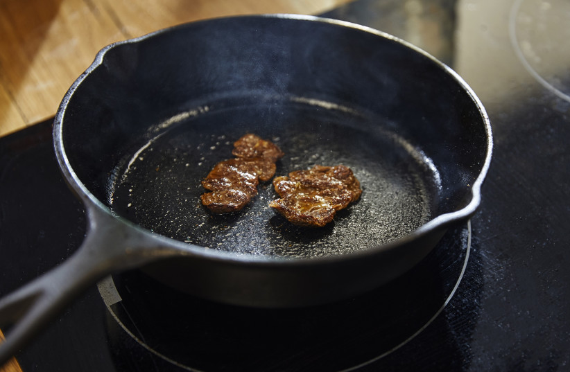 Aleph Farms' slaughter-free steak on a pan (photo credit: AFIK GABAY)