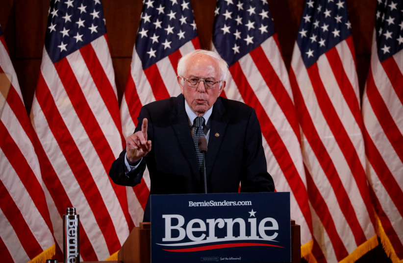 Democratic U.S. presidential candidate Senator Bernie Sanders gives a response to U.S. President Donald Trump's State of the Union address during a campaign event in Manchester, New Hampshire, U.S., February 4, 2020 (photo credit: REUTERS/BRENDAN MCDERMID)