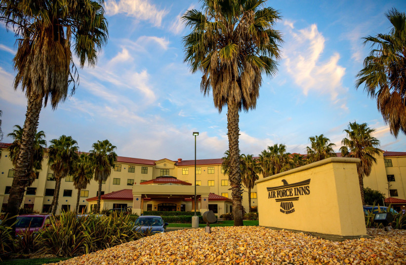 The Westwind Inn lodging facility, where the Department of Defense is providing temporary lodging support for Americans being evacuated from China in response to the novel coronavirus outbreak, is seen at Travis Air Force Base, California, February 1, 2020 (photo credit: US AIR FORCE/NICHOLAS PILCH/HANDOUT VIA REUTERS)
