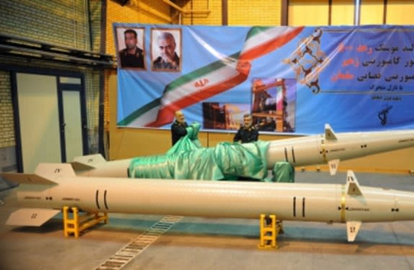 Iran’s Islamic Revolutionary Guard Corps unveils new Thunder 500 rocket, Feb. 2020 (photo credit: FARS NEWS AGENCY)