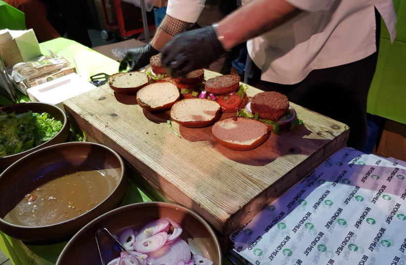 Meat free burgers on offer by Beyond Meat at a foodtech conference in Tel Aviv.  (photo credit: Courtesy)