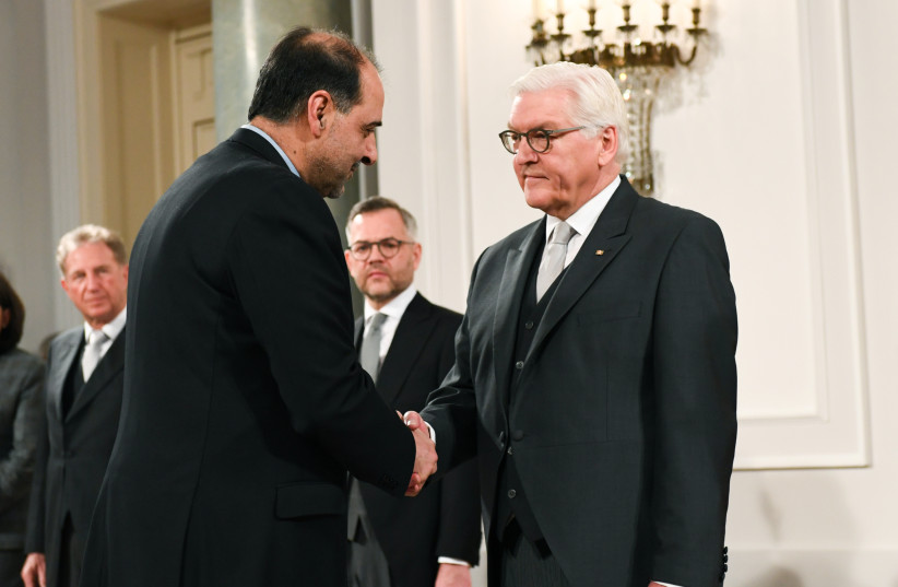 Federal President Frank-Walter Steinmeier welcomes ambassador of Iran to Germany Mahmoud Farazandeh, at Bellevue Palace in Berlin, Germany, January 13, 2020 (photo credit: ANNEGRET HILSE / REUTERS)