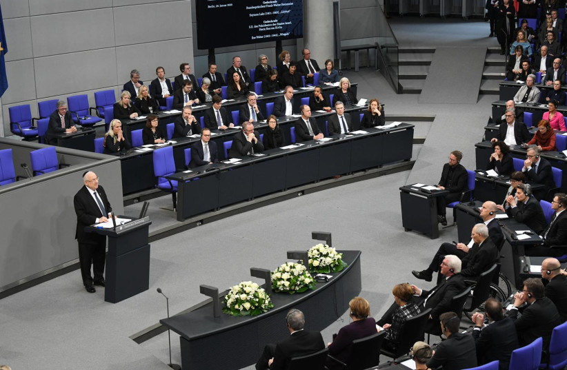 Bundestag address President Reuven Rivlin addresses the Bundestag in Hebrew, beginning with the Jewish memorial prayer, Yizkor, at a special sitting in memory of the victims of Nazism on January 29 (credit: GPO)
