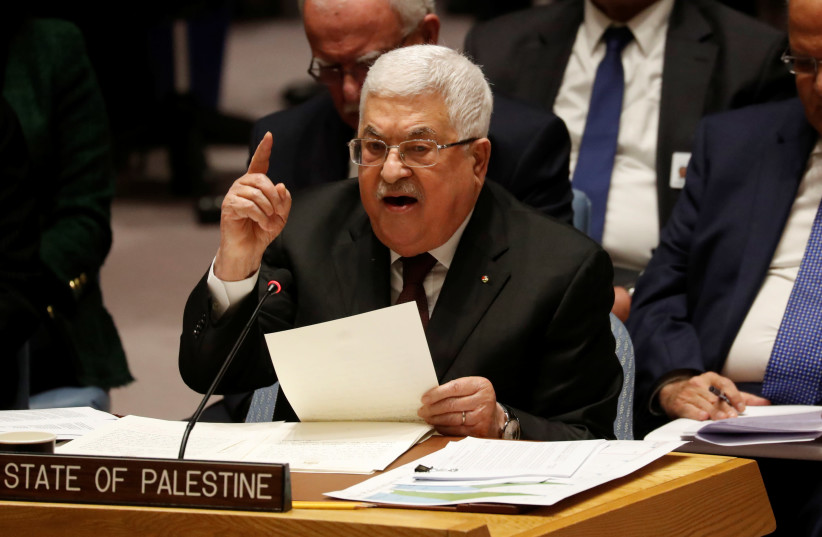 Palestinian President Mahmoud Abbas speaks during a Security Council meeting at the United Nations in New York, U.S., February 11, 2020. (photo credit: REUTERS/SHANNON STAPLETON)