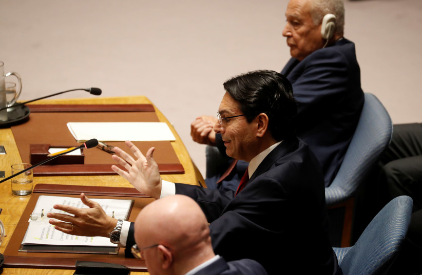 Israeli Ambassador to the United Nations Danny Danon speaks during a Security Council meeting at the United Nations in New York, U.S., February 11, 2020 (photo credit: REUTERS/SHANNON STAPLETON)