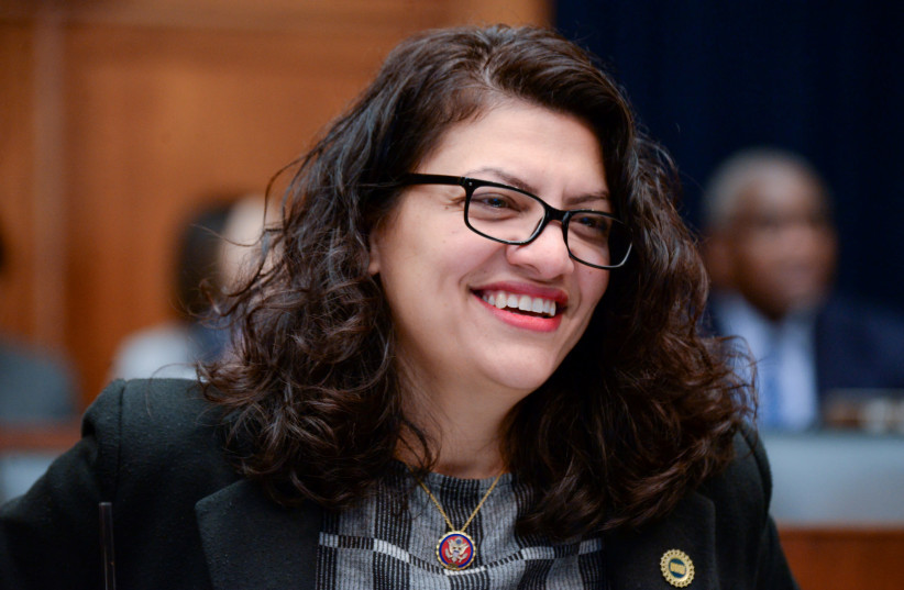 Rep. Rashida Tlaib (D-MI) participates in a House Financial Services Committee hearing with Facebook Chairman and CEO Mark Zuckerberg in Washington, U.S., October 23, 2019 (photo credit: ERIN SCOTT/REUTERS)