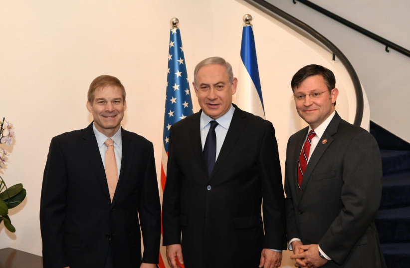 Prime Minister Benjamin Netanyahu with Republican congressmen Mike Johnson of Louisiana and Jim Jordan of Ohio (photo credit: AMOS BEN-GERSHOM/GPO)
