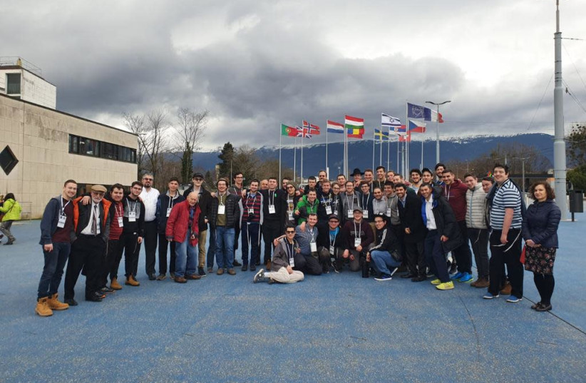 The students of Migdal HaTorah in front of the visitor center at CERN in Geneva. (photo credit: YESHIVA MIGDAL HATORAH)