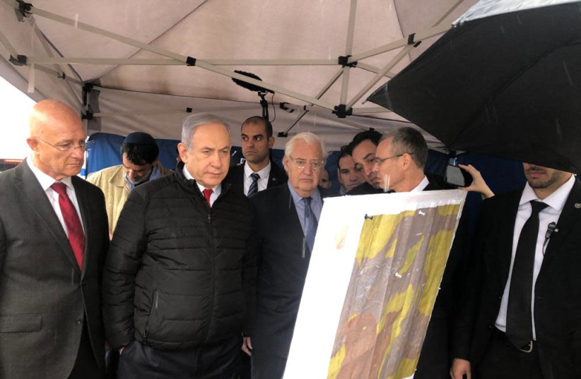 Prime Minister Benjamin Netanyahu and US Ambassador David Friedman touring the West Bank settlement of Ariel on February 24, 2020 (photo credit: COURTSEY OF ARIEL SPOKESPERSON'S OFFICE)