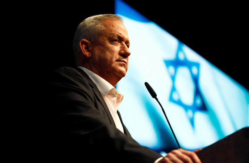 Benny Gantz, leader of Blue and White party, speaks during an election campaign rally in Ramat Gan, near Tel Aviv, Israel, February 25, 2020. (photo credit: REUTERS/CORINNA KERN)