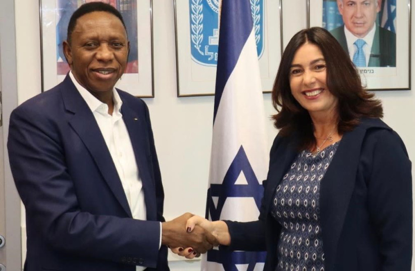Minister of Sports and Culture Miri Regev meets with FIBA President Hamane Niang (photo credit: BEN HADAD)