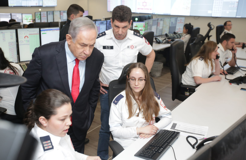 Prime Minister Benjamin Netanyahu visits MDA's National Operations Center in Kiryat Ono, February 27, 2020 (photo credit: MAGEN DAVID ADOM)