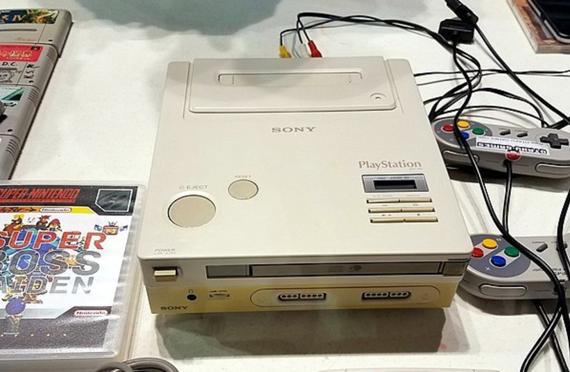 A rare prototype of the PlayStation console, with ports for CD-ROMs and cartridge. (photo credit: Wikimedia Commons)