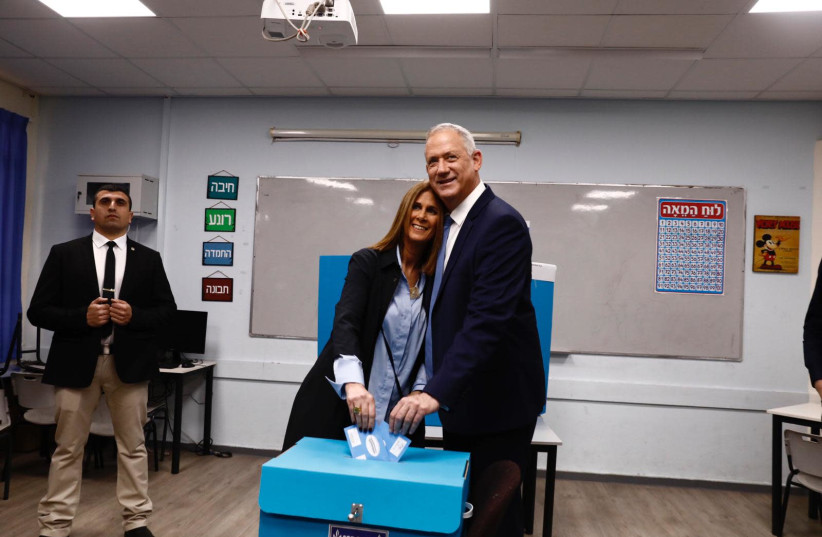 Blue and White leader Benny Gantz and his wife vote on Monday (photo credit: Courtesy)