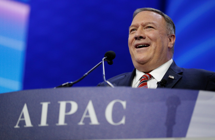 U.S. Secretary of State Mike Pompeo delivers remarks during the AIPAC convention at the Washington Convention Center in Washington, U.S., March 2, 2020. (photo credit: REUTERS//TOM BRENNER)
