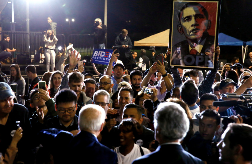 Democratic U.S. presidential candidate and former Vice President Joe Biden speaks at his Super Tuesday night rally in Los Angeles (photo credit: REUTERS)
