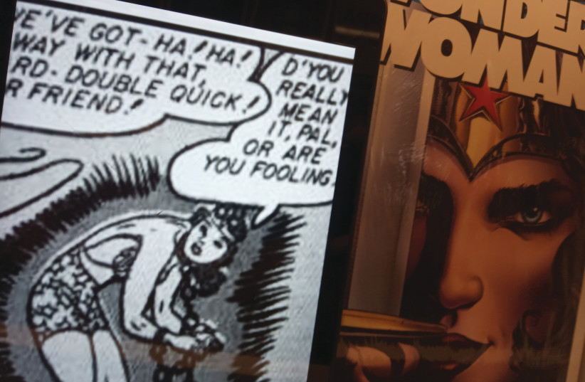 WONDER WOMAN in a recent comic by Greg Rucka, next to a picture of the 1950s comics created by psychologist William Moulton Marston, in ‘The Invisible History of Wonder Woman’ by Jill Lepore (inset). (Large picture: Hagay Hacohen; Inset of Jill Lepore: James Joel/Flickr) (photo credit: FLICKR)