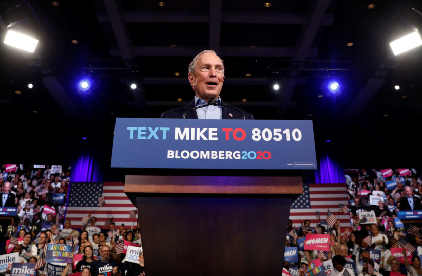 Democratic U.S. presidential candidate Michael Bloomberg addresses supporters at his Super Tuesday night rally in West Palm Beach, Florida, U.S., March 3, 2020 (photo credit: MARCO BELLO/REUTERS)