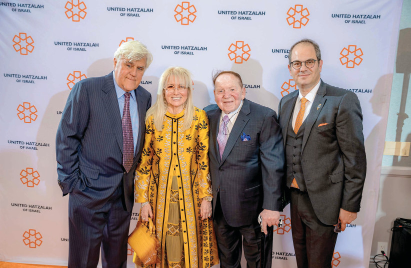 JAY LENO (from left), Miriam and Sheldon Adelson and Eli Beer attend a Friends of United Hatzalah of Israel benefit in Los Angeles last week. (photo credit: ABRAHAM JOSEPH)