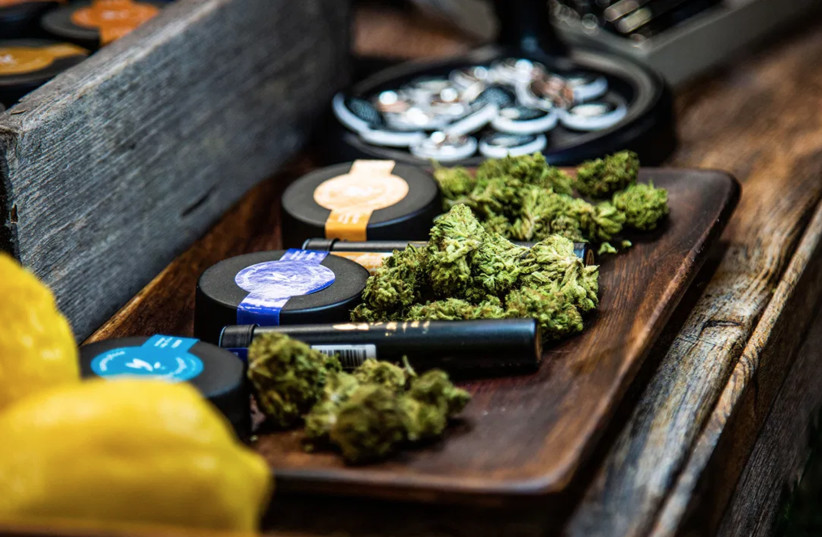 Flow Kana products on display at the 2019 Emerald Cup, Northern California’s largest annual cannabis event, held at the Sonoma County Event Center at the Fairgrounds in Santa Rosa (photo credit: RACHEL WEIL/JTA)