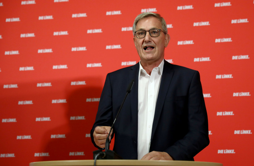Leader of The Left (Die Linke) party Bernd Riexinger delivers a speech after the first exit polls for the Thuringia state election in Berlin, Germany, October 27, 2019 (photo credit: CHRISTIAN MANG / REUTERS)