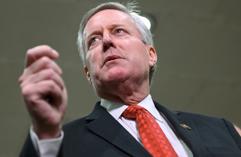  U.S. Representative Mark Meadows (R-NC) addresses reporters during a break in the fourth day of the Senate impeachment trial of U.S. President Donald Trump at the U.S. Capitol in Washington, U.S., January 24, 2020.  (photo credit: REUTERS)