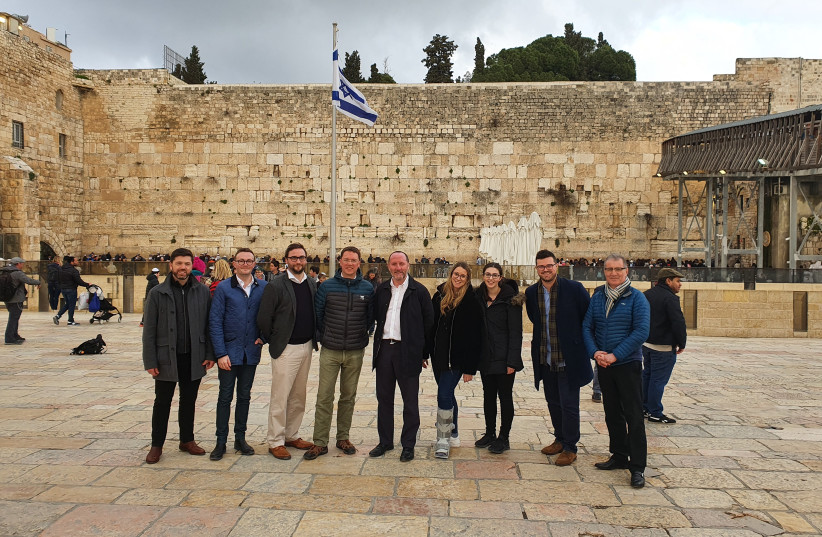 Chair of the CFI’s Commons group MP Stephen Crabb (extreme left) leads delegates on a visit to the Western Wall in February  (photo credit: Courtesy)