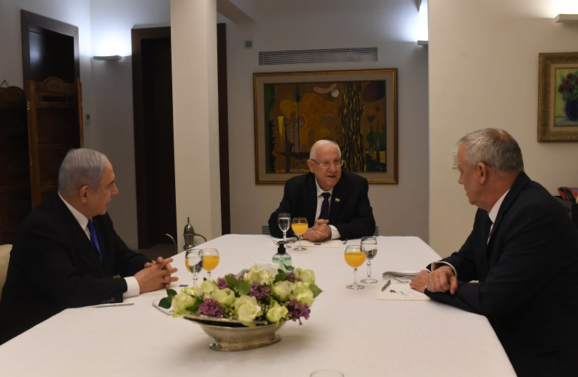President Rivlin meets with Benjamin Netanyahu and Benny Gantz about forming an emergency unity government due to coronavirus (photo credit: KOBY GIDEON/GPO)