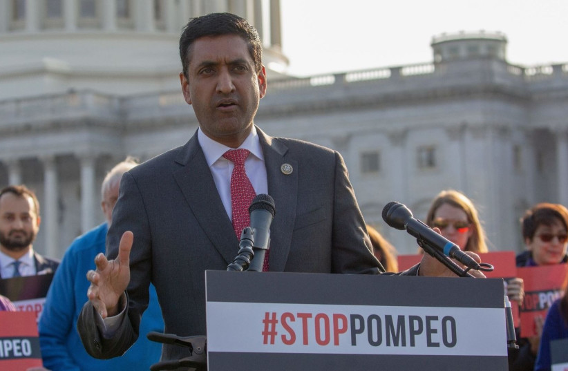 Rep Ro Khanna (D-CA) speaks at a rally with MoveOn members and allies gather with leading senators to demand that the Senate vote to reject Mike Pompeo's nomination for Secretary of State at US Capitol in Washington, DC on April 11, 2018. (photo credit: GETTY IMAGES/JTA)