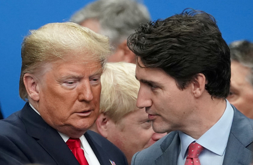 U.S. President Donald Trump talks with Canada's Prime Minister Justin Trudeau during a North Atlantic Treaty Organization Plenary Session at the NATO summit in Watford, Britain, December 4, 2019 (photo credit: REUTERS/KEVIN LAMARQUE)