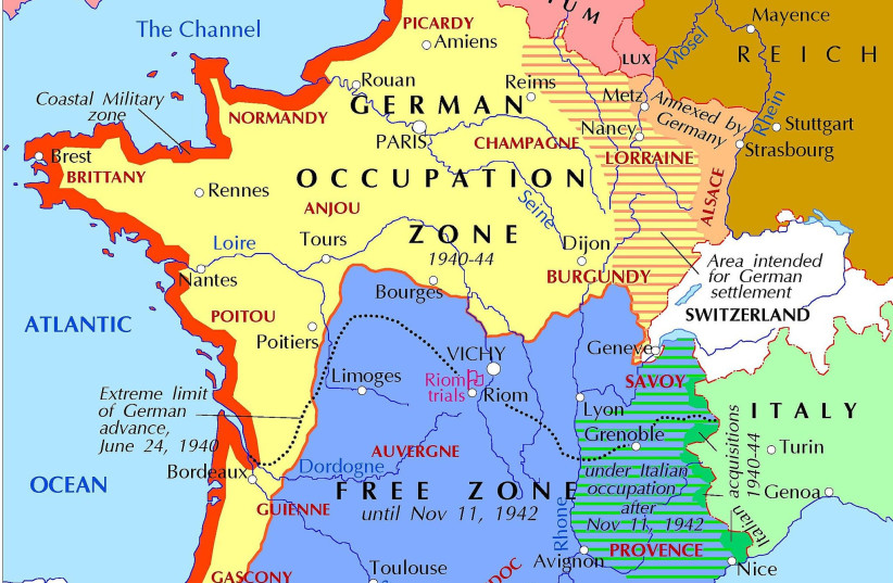 MAP OF occupied France during World War II (photo credit: Wikimedia Commons)