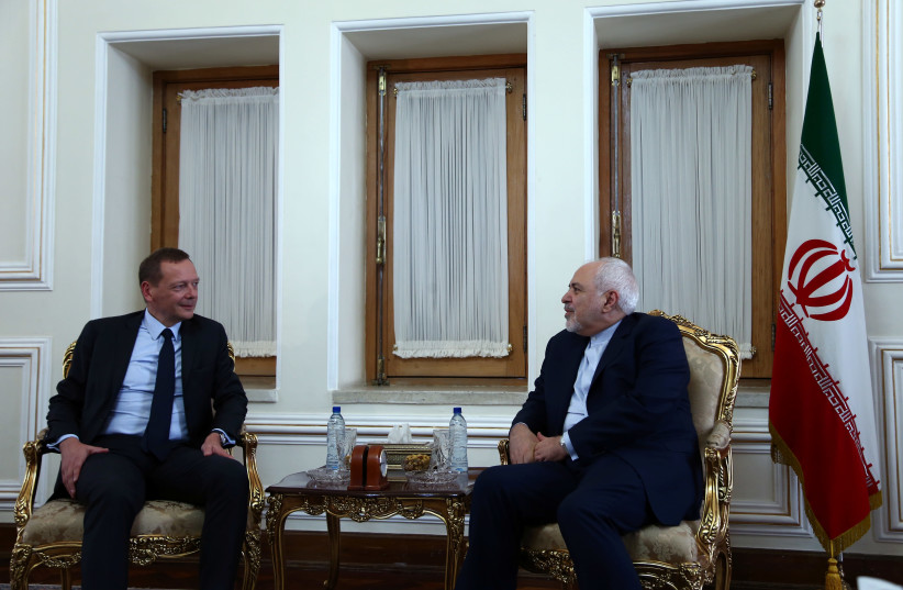 France's top diplomat Emmanuel Bonne meets with Iran's Foreign Minister Mohammad Javad Zarif in Tehran, Iran July 10, 2019 (photo credit: NAZANIN TABATABAEE/WANA (WEST ASIA NEWS AGENCY) VIA REUTERS)