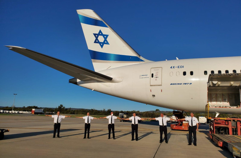El Al crew practices social distancing after landing in Perth to bring Israelis stranded in Australia back home (photo credit: EL AL)