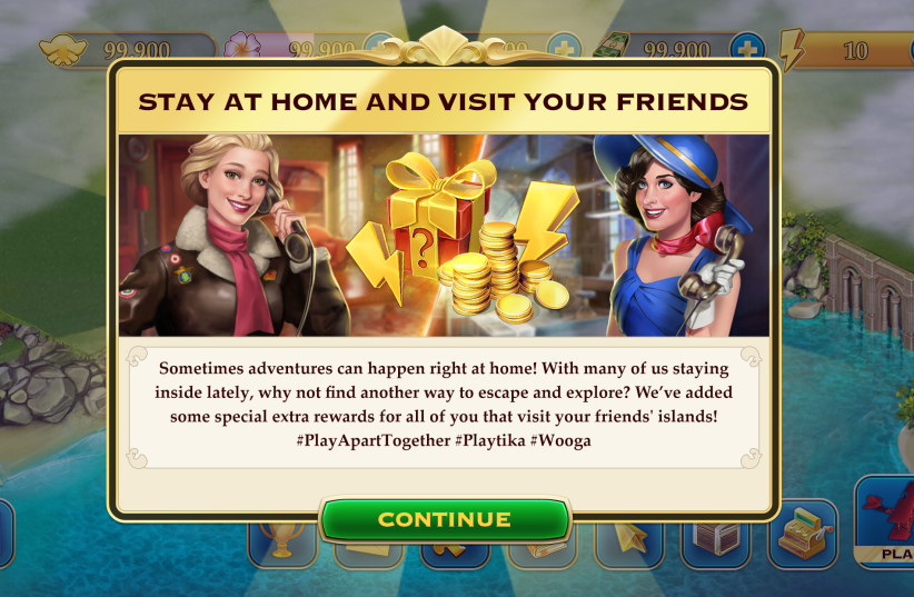 A message from the mobile game 'Pearl's Peril' from Playtika's studio Wooga encourages users to stay at home but to socialize with friends in-game. (credit: PLAYTIKA STUDIO WOOGA)