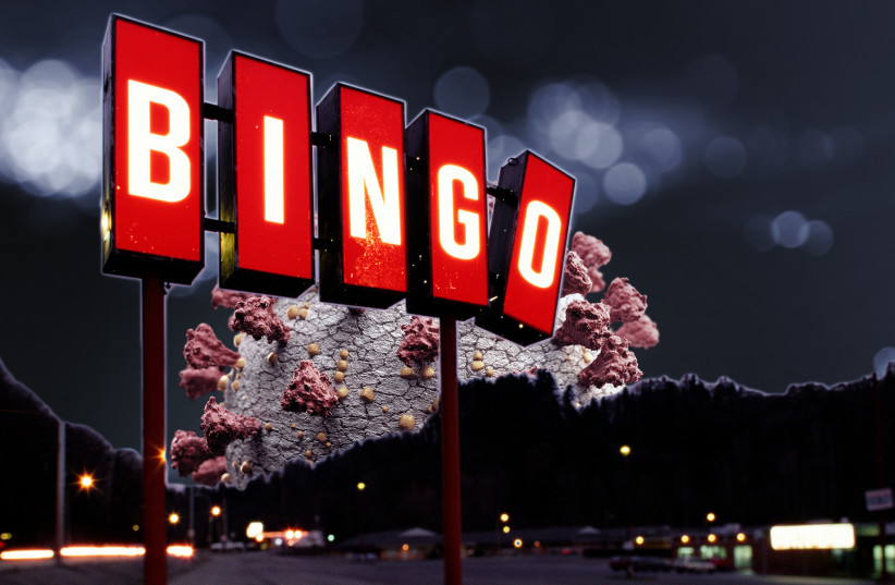 An artist's rendering of a COVID-19 virus; a bingo sign. (photo credit: GETTY IMAGES/JTA)