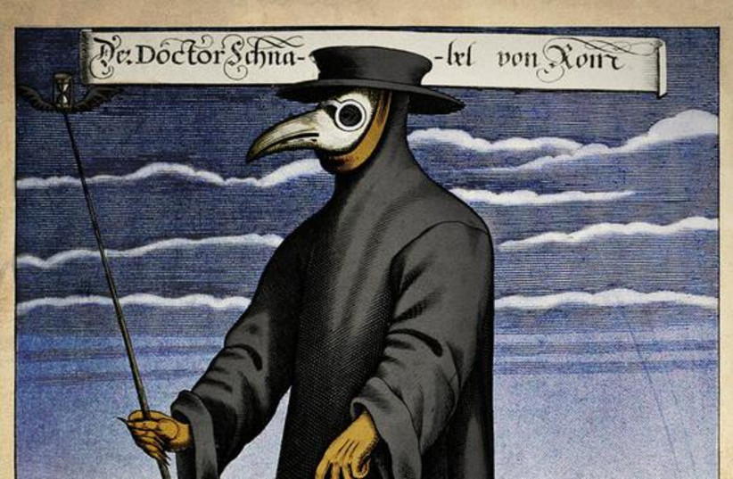 A plague doctor and his typical apparel during the 17th Century Outbreak. (photo credit: Wikimedia Commons)