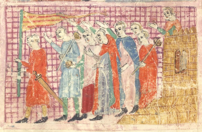 The Israelites leaving Egypt. From the Haggadah for Passover, 14th Century (the ‘Sister Haggadah’). (photo credit: Wikimedia Commons)